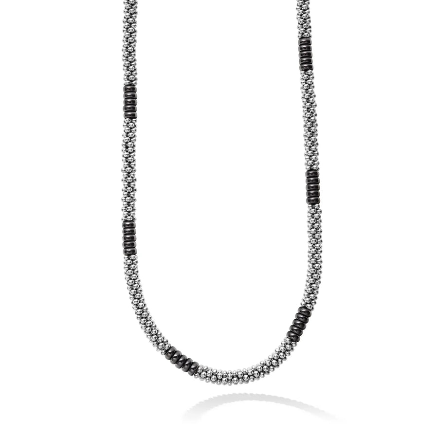 Black Caviar Rope Necklace in Sterling Silver and Ceramic, 16in