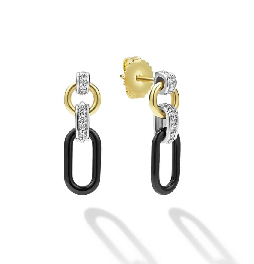 Signature Caviar 0.12ct Diamond Link Drop Earring in 18K Yellow Gold Sterling Silver and Black Ceramic