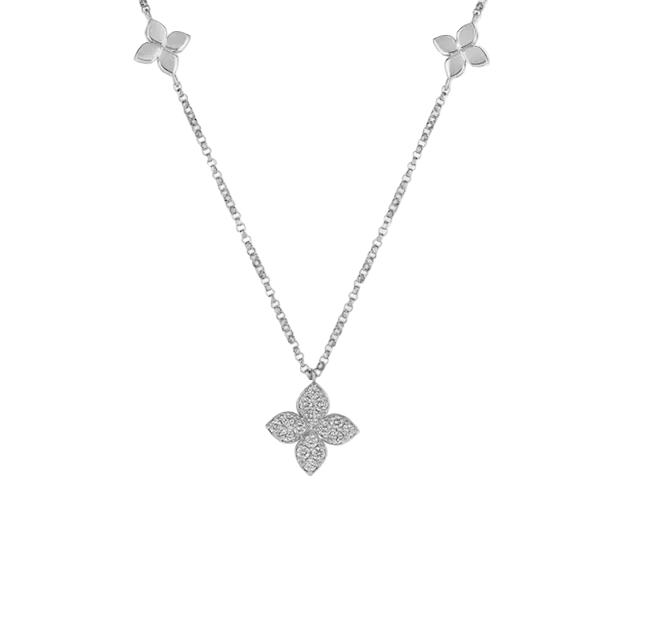 Love by the Inch 0.17ct Diamond Flower Station Necklace in 18K White Gold, 17"