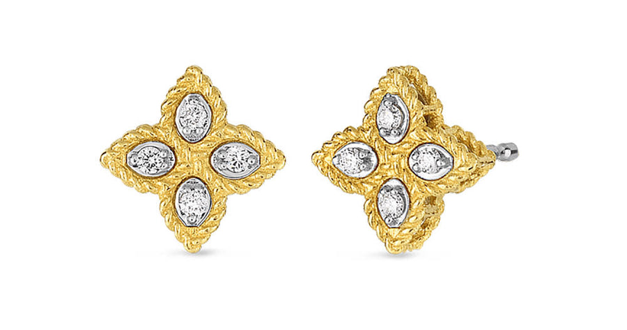Venetian Princess Flower 0.10ct Diamond Stud Earrings in 18K Yellow and White Gold