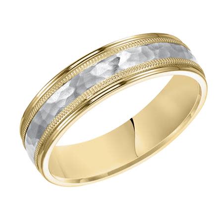 6mm Low Dome Round Edge Brushed Hammered Finish Wedding Band in 18K Yellow Gold and Platinum, Size 8.5