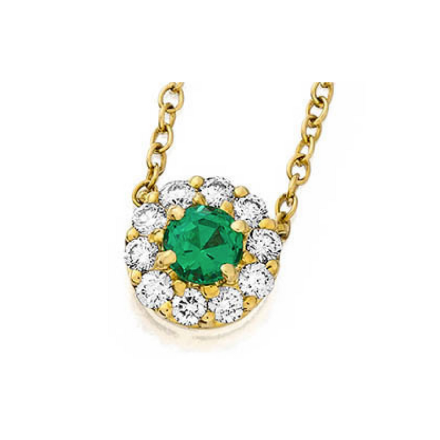 0.37Ct Emerald and 0.28Ct Diamond Halo Necklace in 18K Yellow Gold, 16"