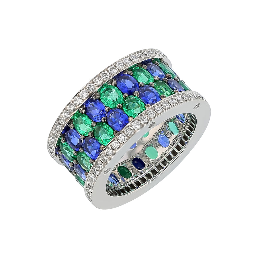 American Glamour 3.06ct Sapphire, 3.69ct Emerald and 0.96ct Diamond Eternity Band in 18K White Gold, size 7