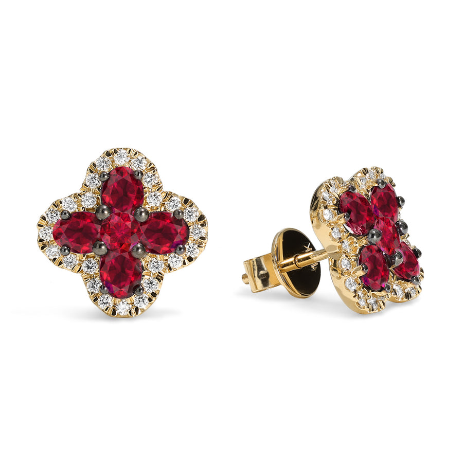 Felicity 2.02ct Ruby and 0.35ct Diamond Quatrefoil Stud Earrings in 18K Yellow Gold