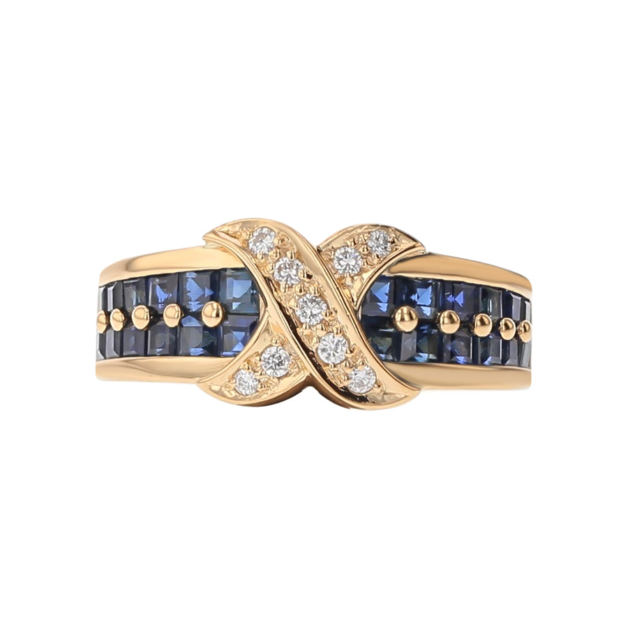 Diamond and Sapphire X Ring in 18K Yellow Gold, Size 6.75