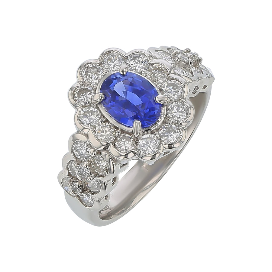 1.15ct Oval Sapphire and 1.98ct Diamond Halo Ring in Platinum, size 6.25