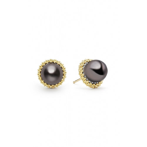 9mm Black Tahitian Pearl Luna Stud Earrings in Sterling Silver and 18K Yellow Gold
