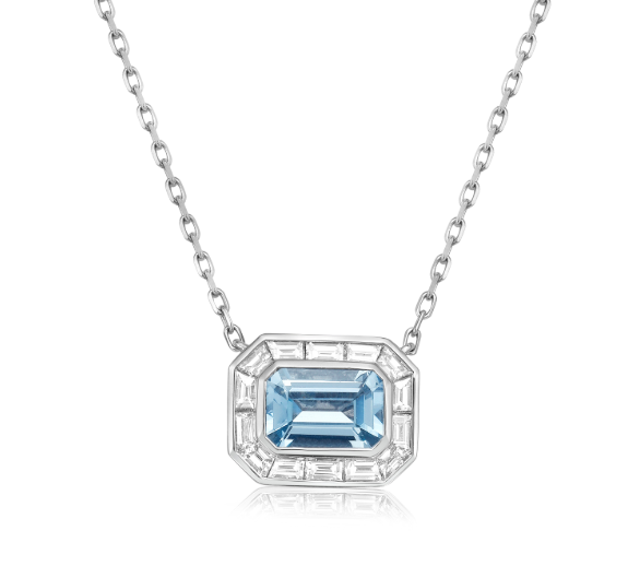 Precious Pastel 1.51ct Emerald Cut Aquamarine and 0.63ct Diamond Halo Necklace in 18K White Gold, 18"