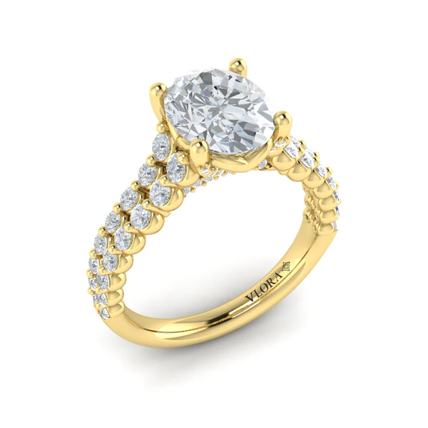 0.76ct Diamond Double Row Ring Semi Mount in 18K Yellow Gold for 2.00ct Oval Center, size 6.5