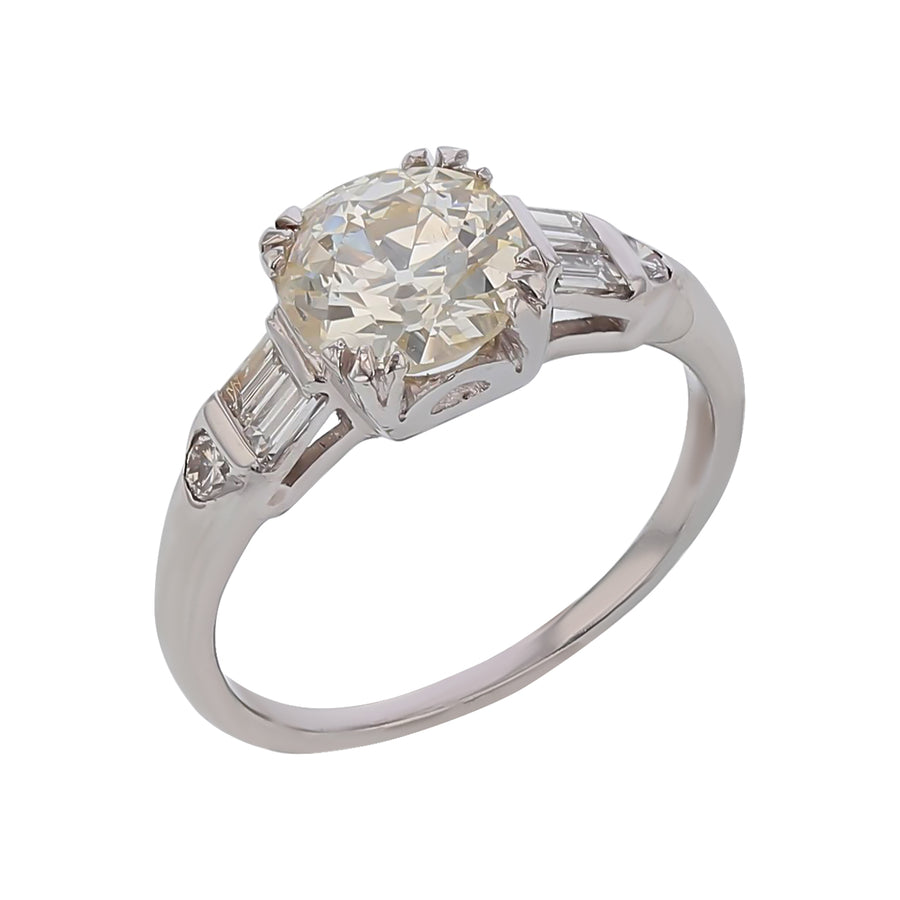 1.57ct European Cut Diamond and 0.42ct Diamonds Art Deco Ring in Platinum Circa 1930s Size 6.5