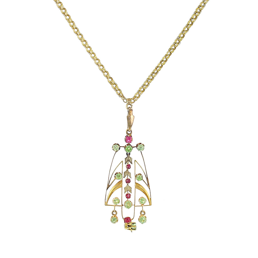 Green Demantoid and Ruby Pendant in 14K Yellow Gold with Curb Link, 15" chain