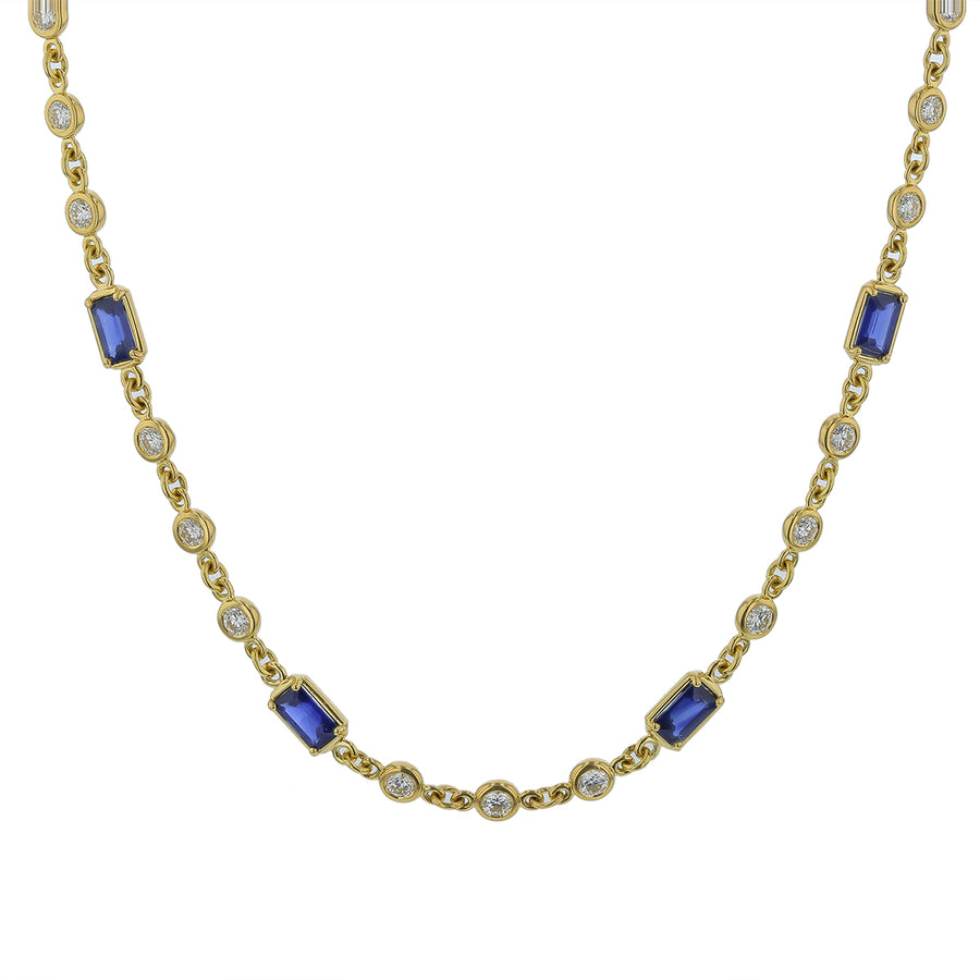 8.85ct Blue Sapphire and 4.00ct Diamond Alternating Station Necklace in 18K Yellow Gold, 34"