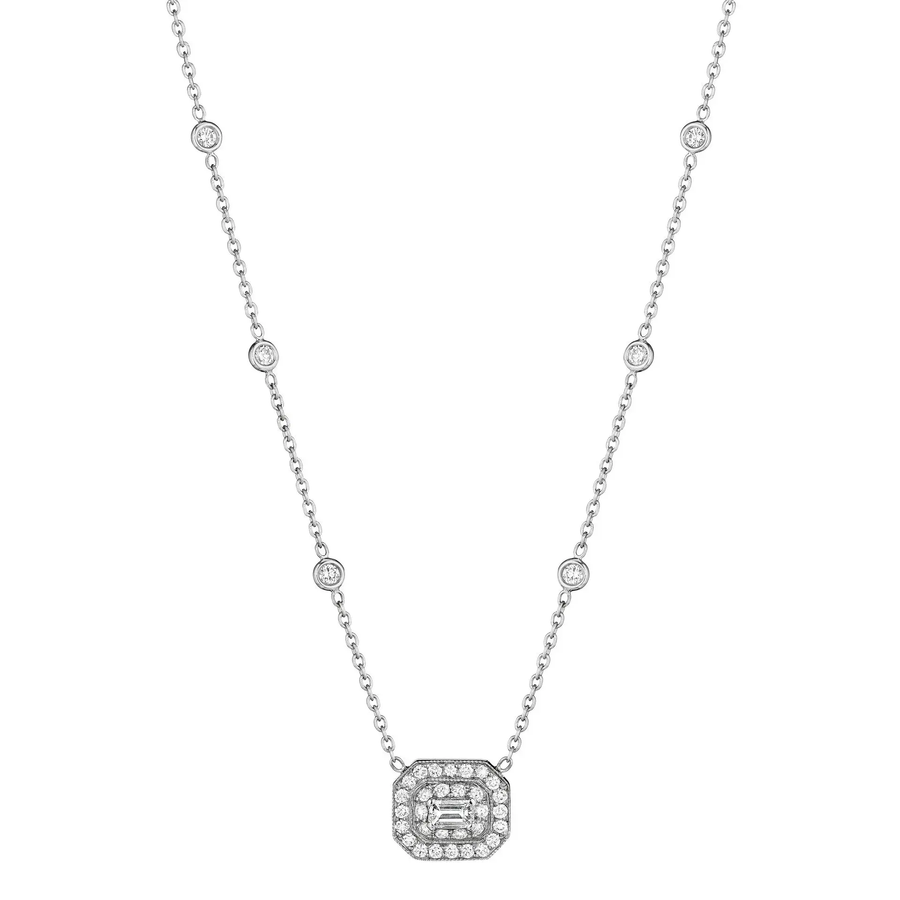 Art Deco 0.95ct Emerald Cut and Round Diamond Eyelet Necklace in 18K White Gold, 18" chain