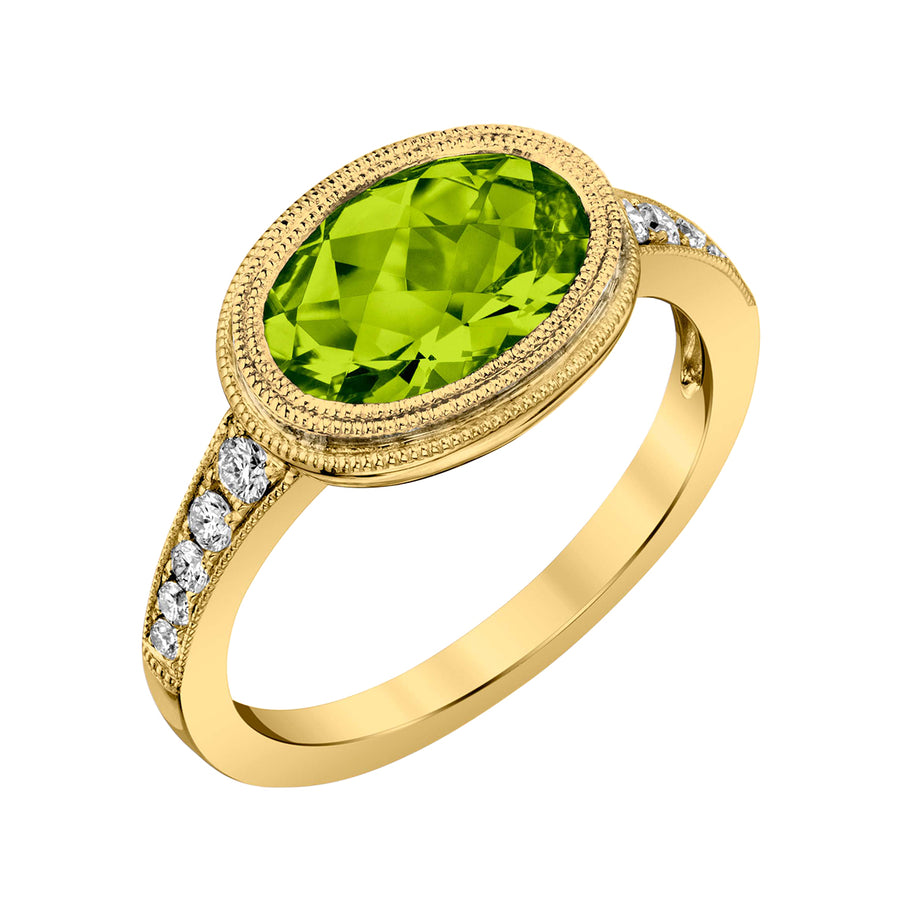 Oval Peridot and Round Diamond Ring in 14K Yellow Gold