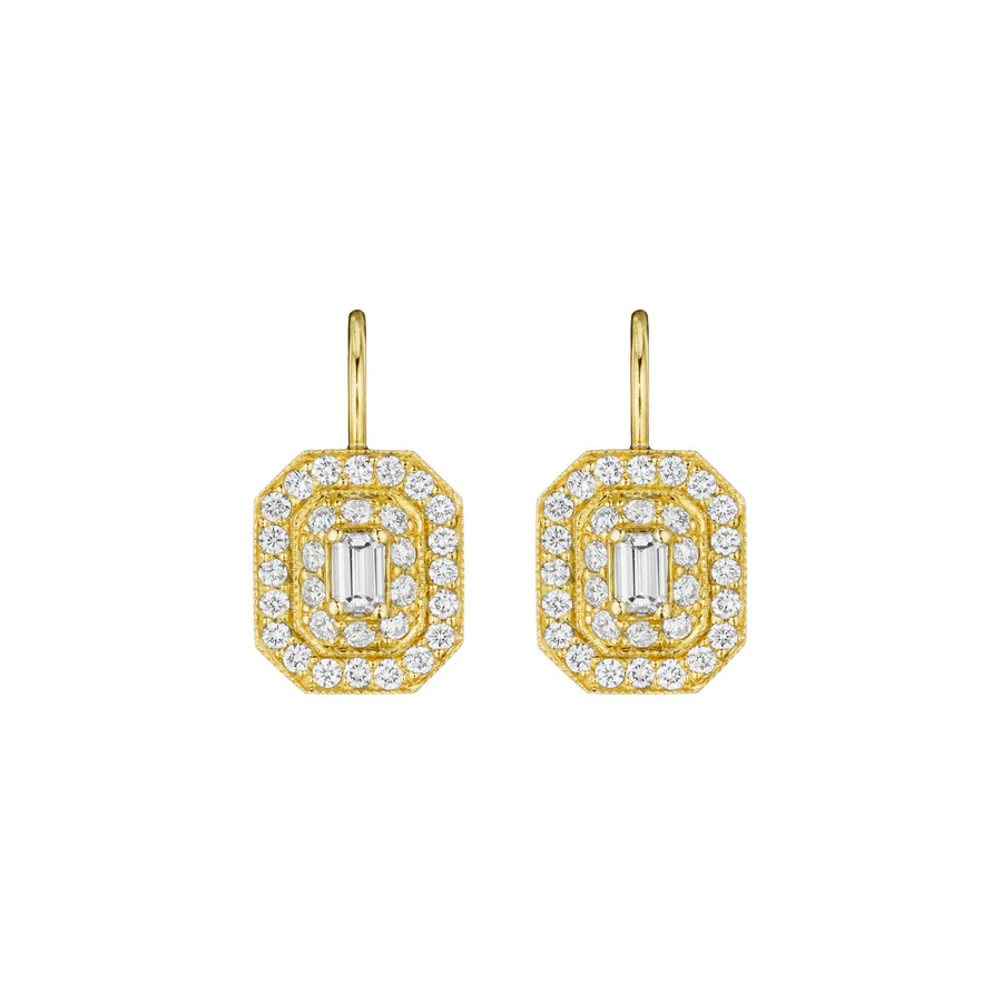 1.38ct Round and Emerald Diamond Double Octagon Halo Drop Earrings in 18K Yellow Gold