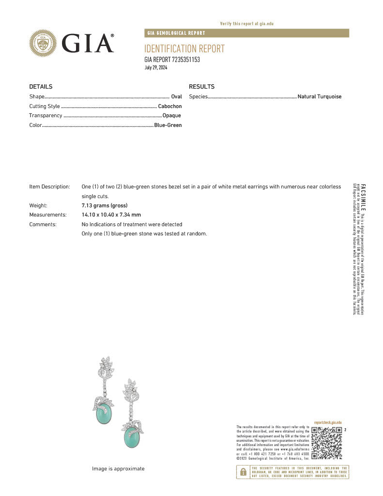 14.99ct Turquoise GIA and 1.21ct Single Cut Diamonds Drop Clip On Earrings in 14k White Gold