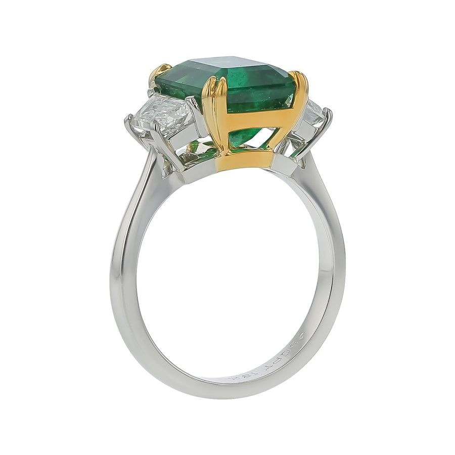 4.22ct Zambian Emerald CDC and 1.01ct Diamond 3 Stone Ring in Platinum and 18K Yellow Gold, Size 6.25