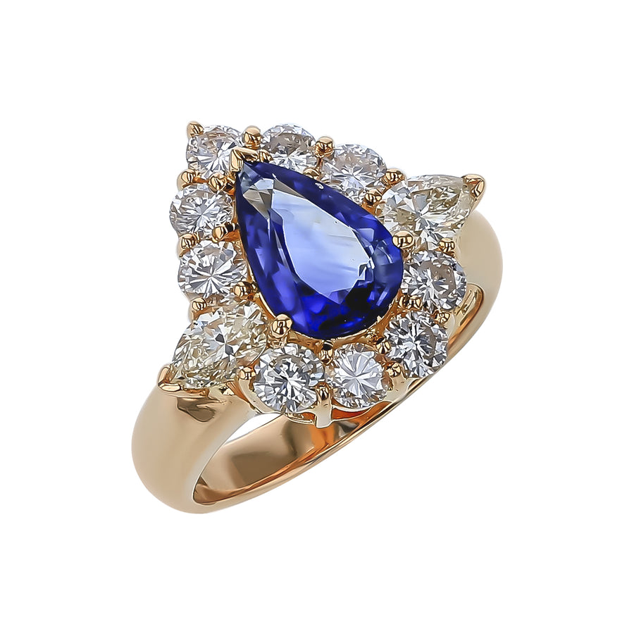 2.09ct Pear Shape Sapphire and 1.76ct Diamond Halo Ring in 18K Yellow Gold, size 6.5