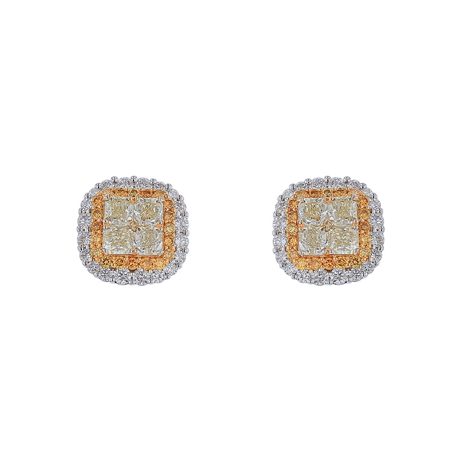 3.47ct Yellow and White Diamond Halo Earrings in 18K Yellow and White Gold