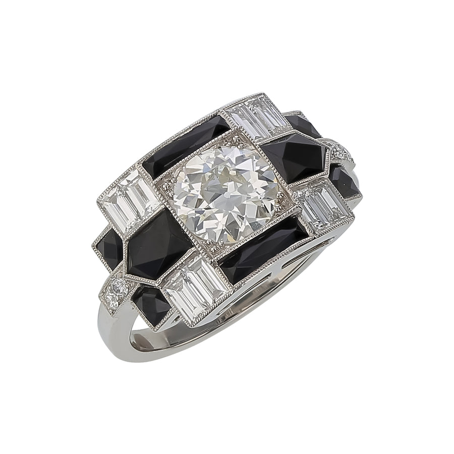 1.02ct OEC Diamond, 1.61ct Black Onyx and 0.61ct Diamond Ring in Platinum, Size 6.5