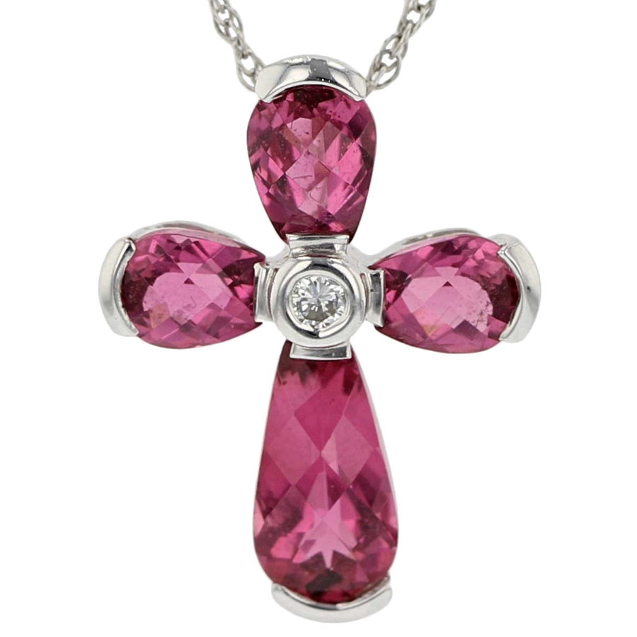 18K White Gold 2.73ct Pink Tourmalines and 0.05ct Round Diamond Cross Pendant