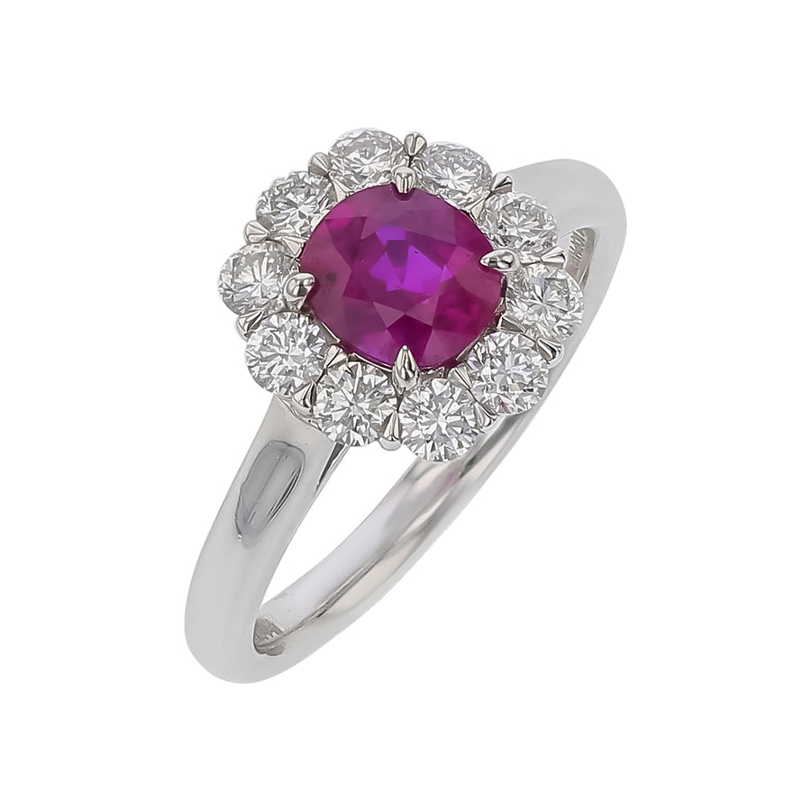 1.08ct Ruby and 0.70ct Diamond Halo Ring in Platinum, Size 6.25