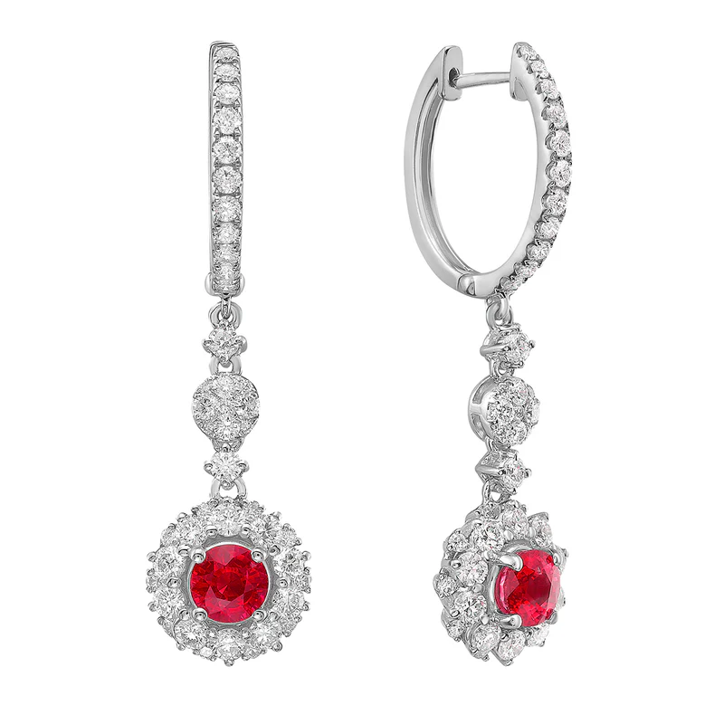 1.14ct Round Ruby and and 2.26ct Diamond Halo Drop Earrings in 14K White Gold
