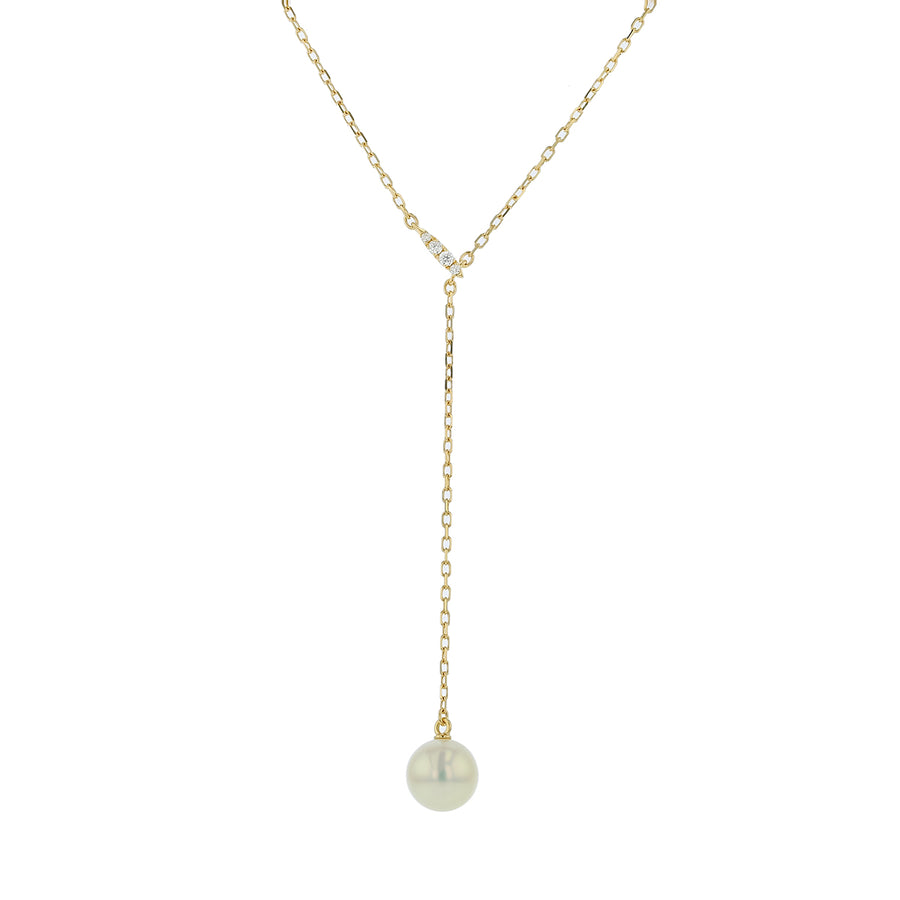 Classic 7.5mm A+ Akoya Pearl and 0.03ct Diamond Lariat Necklace in 18K Yellow Gold, 20"