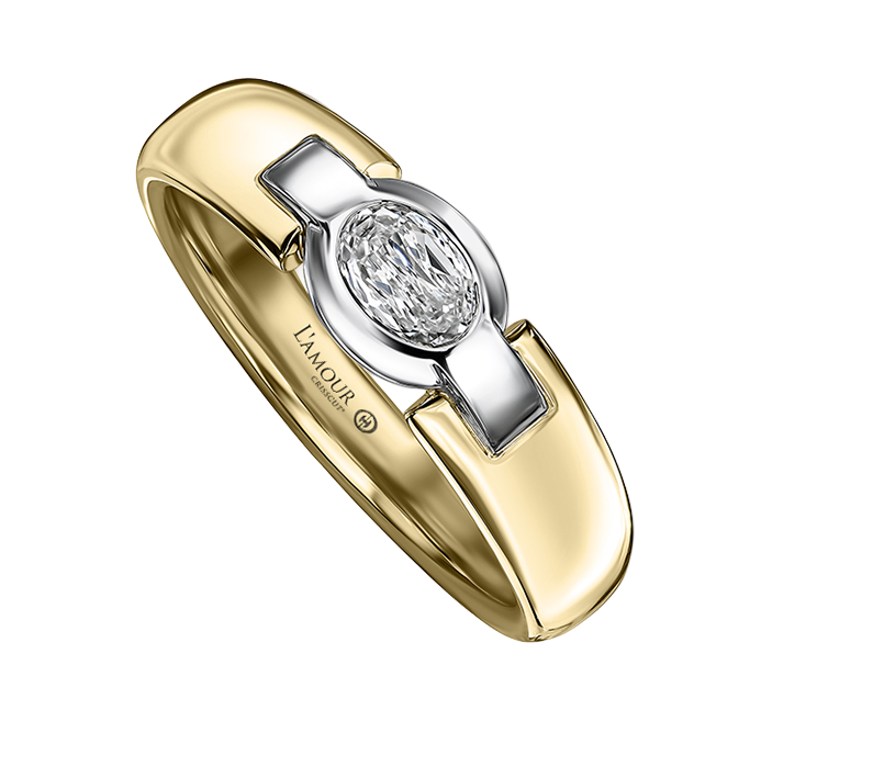 0.24ct Oval Crisscut L'amour Diamond Solitaire Band in 14K Yellow and White Gold, size 6.5