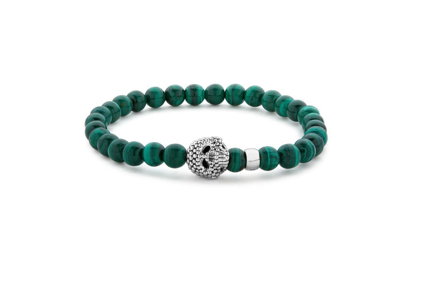 Signature Caviar Anthem Malachite Skull Stretch Bracelet with Sterling Silver, Size 7