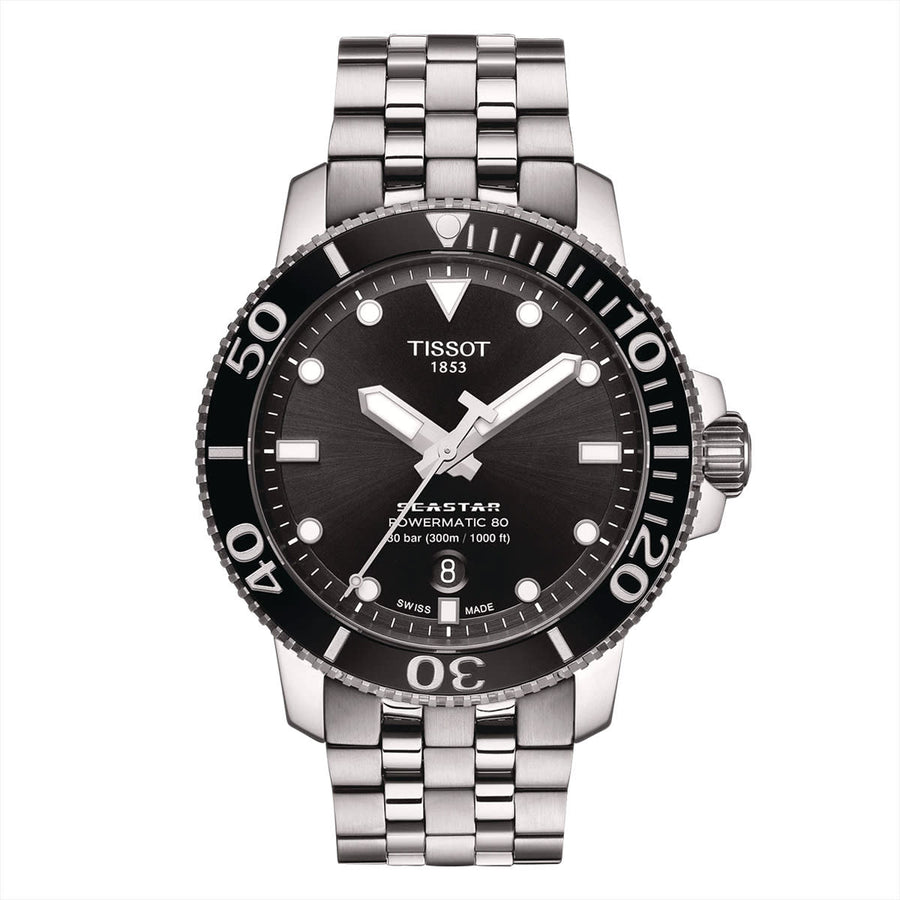 43mm Seastar 1000 Powermatic Watch with Black Dial in Stainless Steel, Bracelet