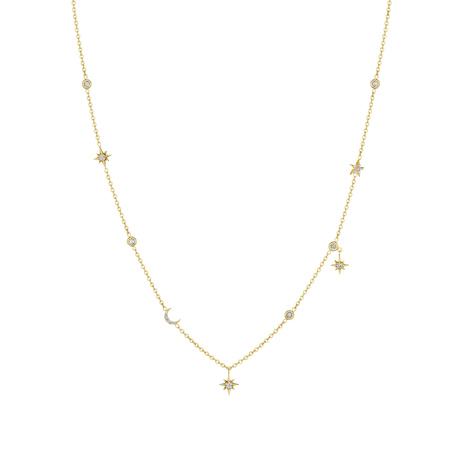 Diamond Moon and Star Eyelet Station Necklace in 18K Yellow Gold, 18in