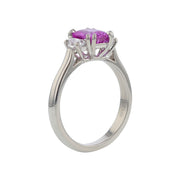 1.64ct Cushion Pink Sapphire and 0.38ct Shield Diamonds Three Stone Ring in Platinum, Size 6