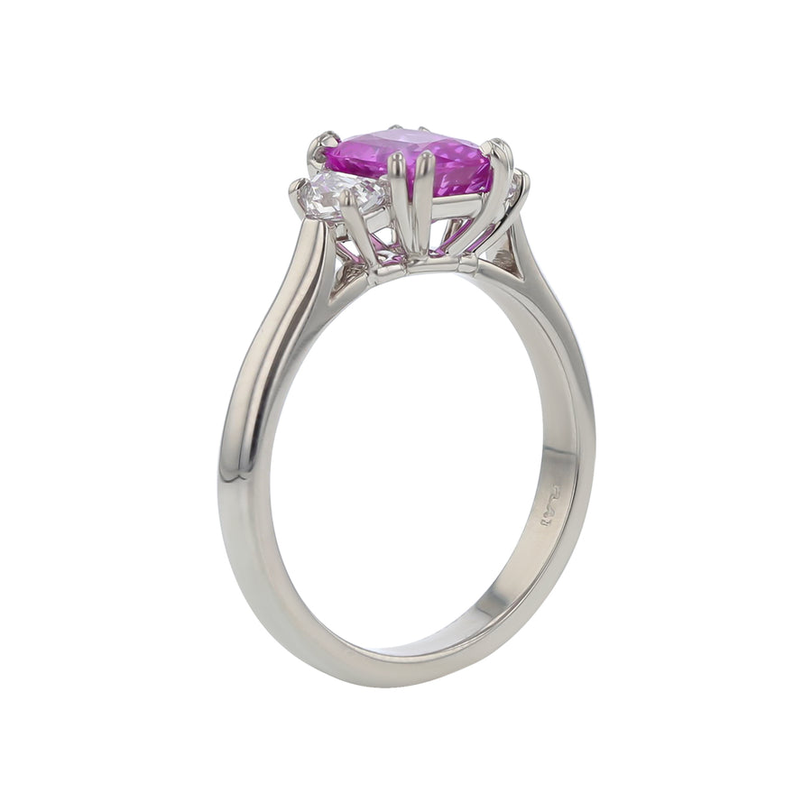 1.64ct Cushion Pink Sapphire and 0.38ct Shield Diamonds Three Stone Ring in Platinum, Size 6
