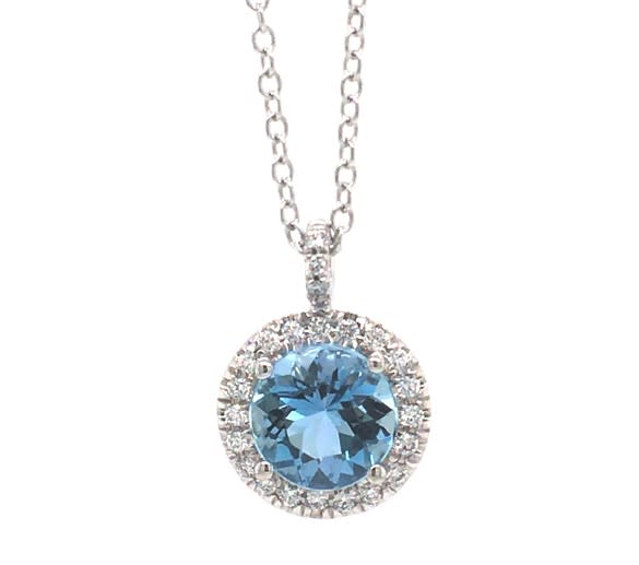 Aquamarine and Diamond Halo Pendant in 18K White Gold, 18in