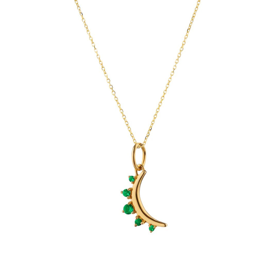Birthstone 0.20ct Emerald May Mini Moon Pendant in 18K Yellow Gold, 16-17" chain
