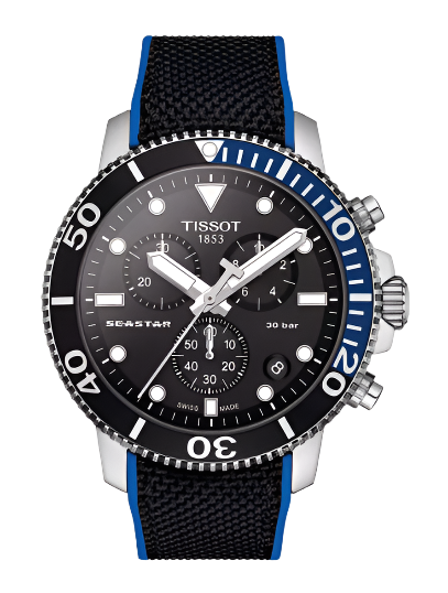 45.5mm Seastar 1000 Chronograph Watch with Black Dial in Stainless Steel, Strap