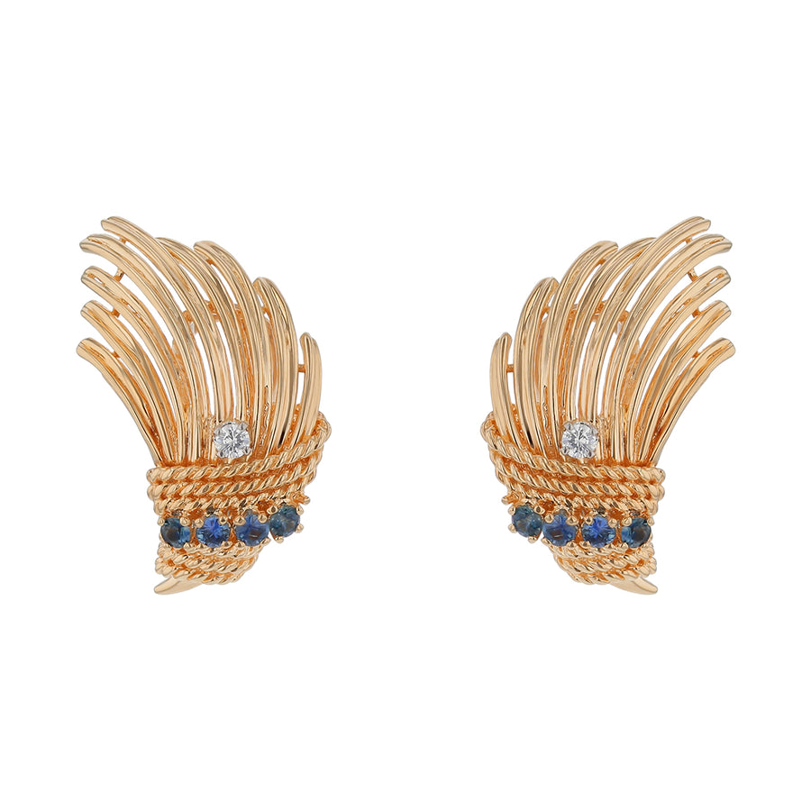 0.57ct Sapphire and 0.10ct Diamond Dan Frere Spray Design Clip on Earrings in 14K Yellow Gold