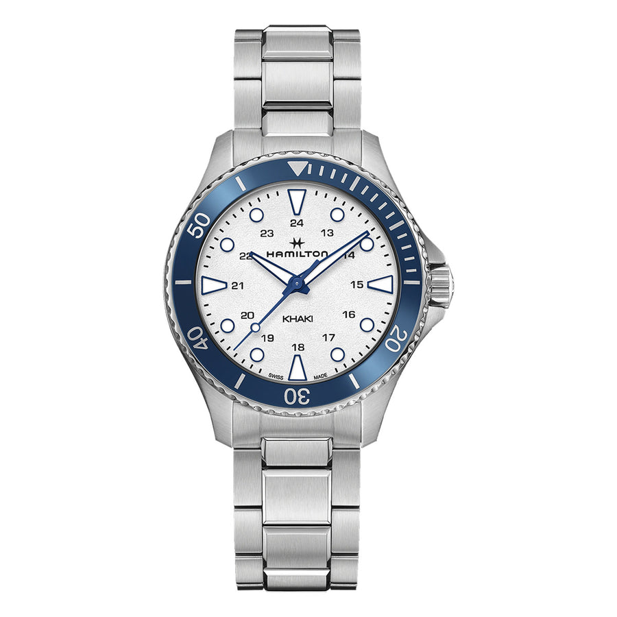 37mm Khaki Navy Scuba Quartz Watch with Silver Dial in Stainless Steel, Bracelet