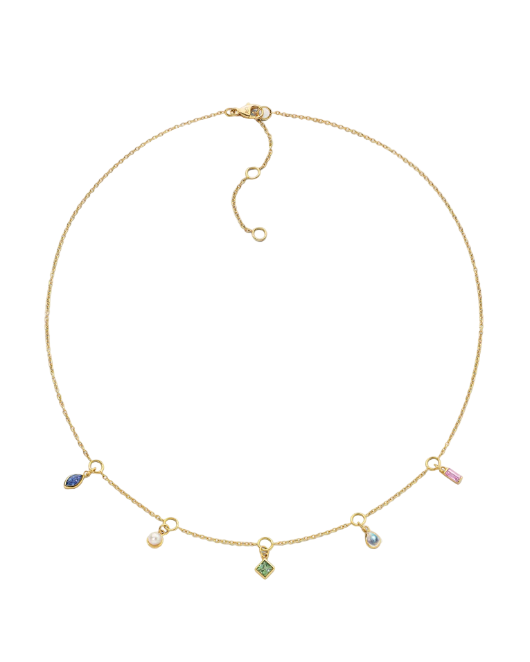 Points of Light Blue Sapphire, Pearl, Tourmaline and Moonstone Station Necklace in 18K Yellow Gold, 16"