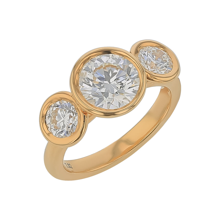 2.02ct Round Brilliant Diamond and 1.05ct Diamond Bezel 3-Stone Ring in 18K Yellow Gold, Size 7