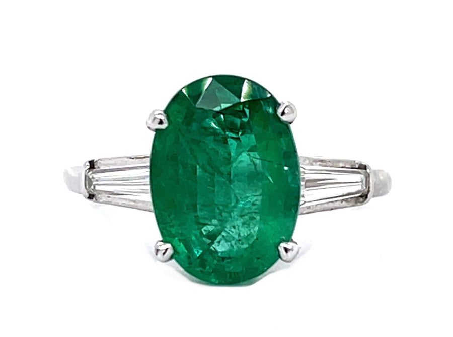 3.18ct Oval Emerald and 0.48ct Tapered Baguette Diamond Ring in Platinum, size 6.5