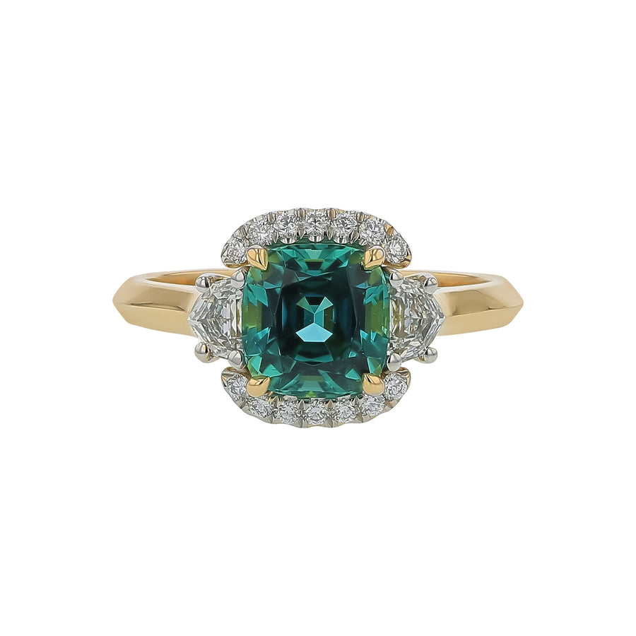 2.00ct Cushion Nambian Tourmaline and 0.51ct Diamond Halo Ring in 18K Yellow Gold, Size 6.75