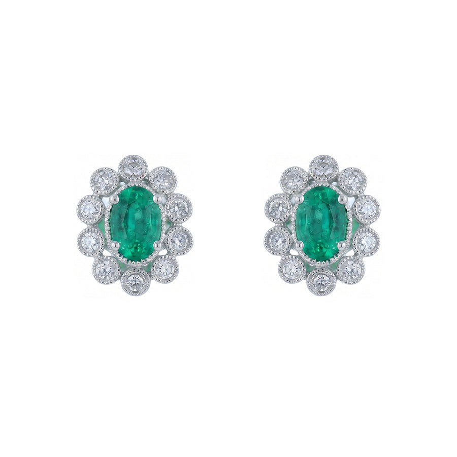 1.01ct Oval Emerald and 0.31ct Diamond Halo Stud Earrings in 14K White Gold