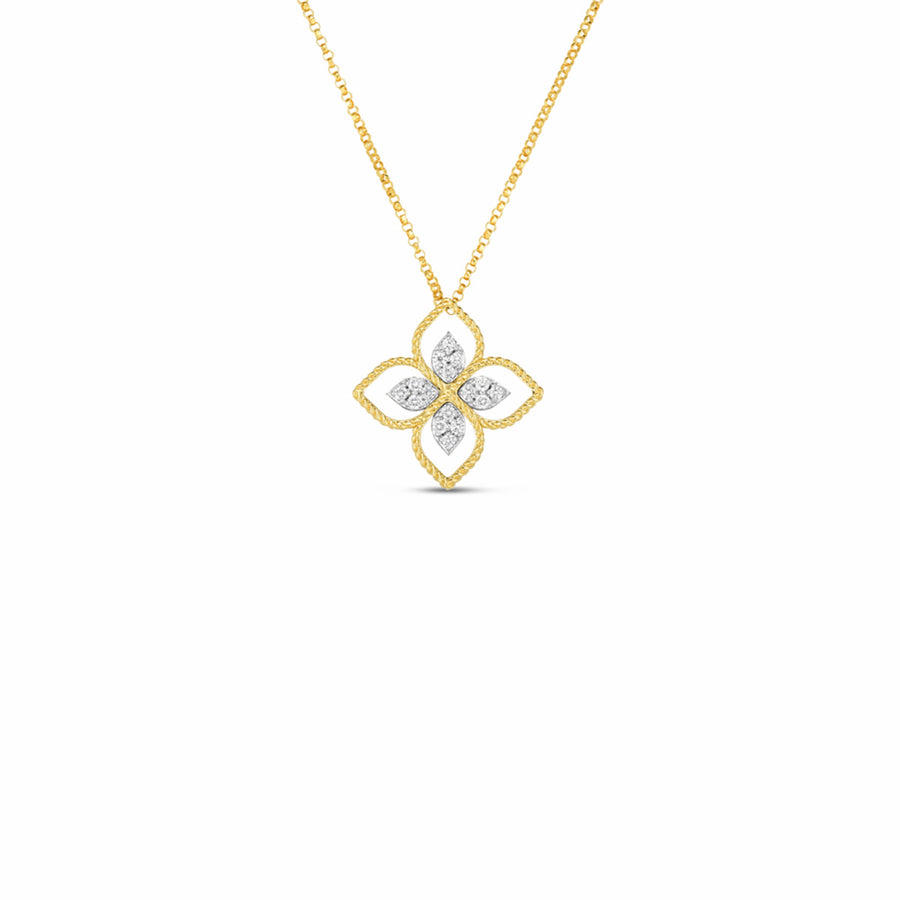 Principessa 0.04ct Diamond Flower Pendant in 18K Yellow and White Gold, on 17in Adjustable Chain