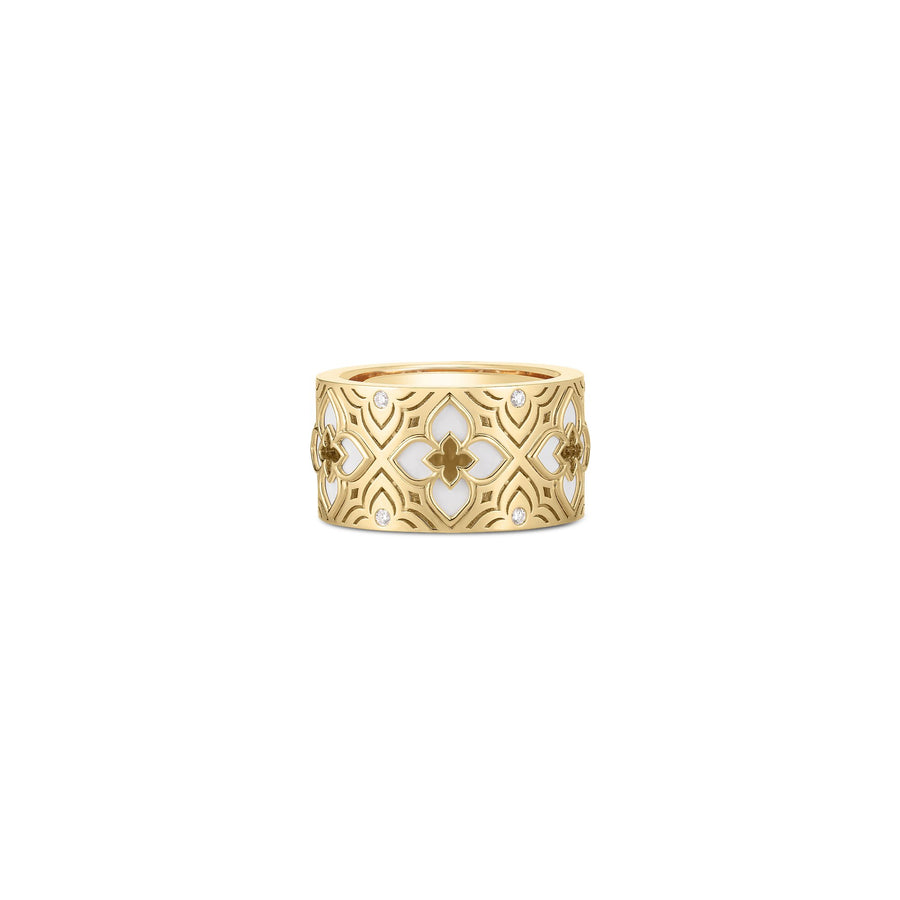 Venetian Princess 0.05ct Diamond Etched Frame Flower Ring in 18K Yellow Gold and White Enamel, size 6.5