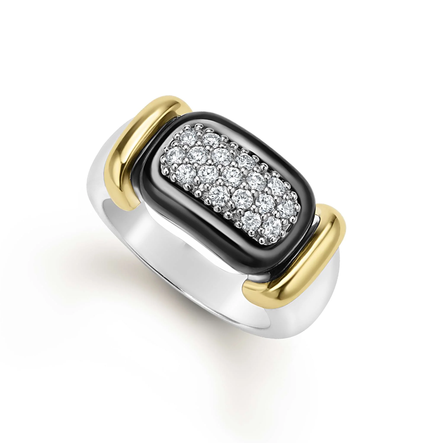 Black Caviar 0.32ct Diamond Two-Tone Ring in Sterling Silver, 18K Yellow Gold and Ceramic Size 7