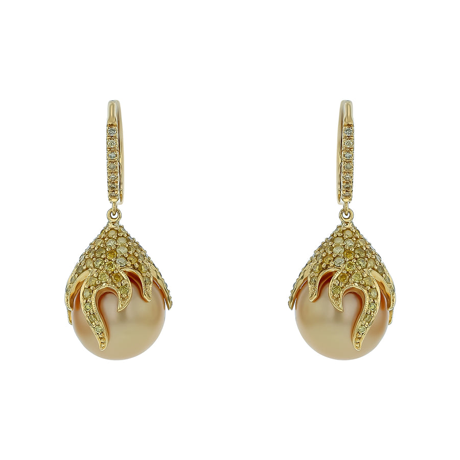Golden South Sea Pearl and 2.35ct Yellow Diamond Drop Earrings in 18K Yellow Gold
