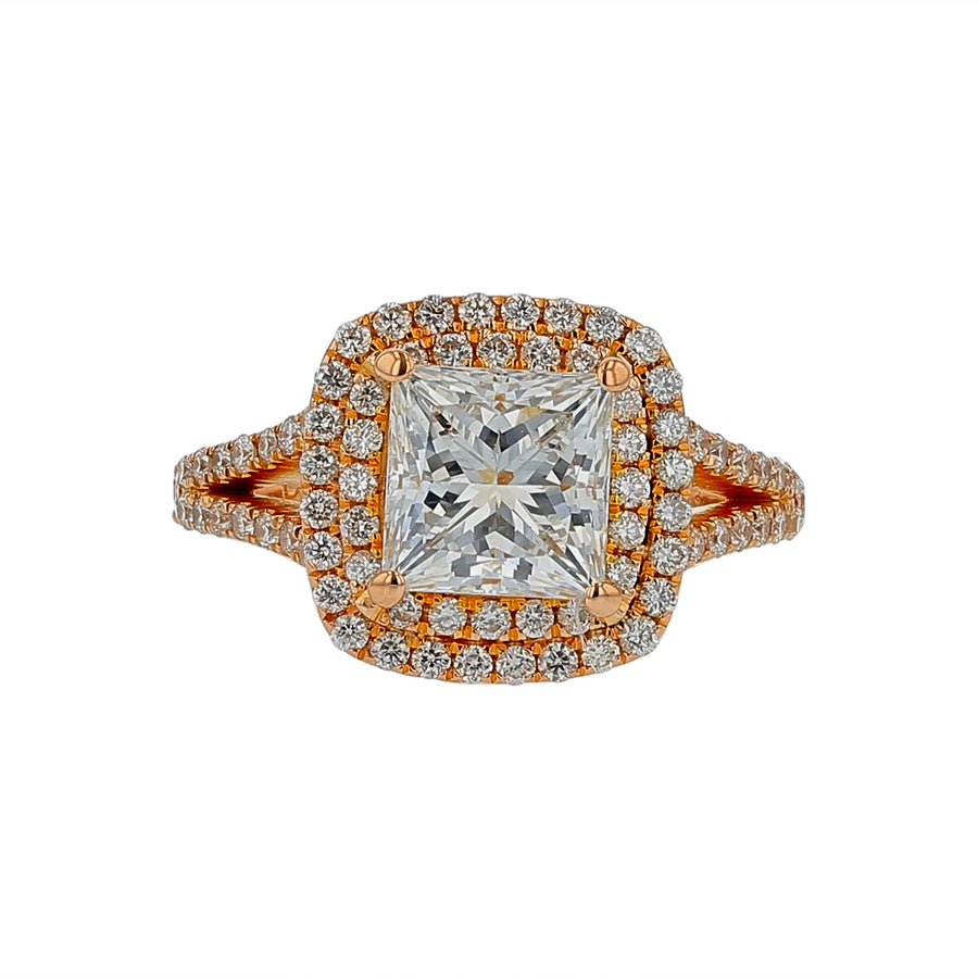 1.58ct Princess Cut Diamond and 0.50ct Diamond Halo Split Shank Ring in 18K Rose Gold, size 4
