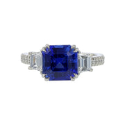 3.87ct Sri Lankan Sapphire 0.83ct Diamond 3 Stone Ring in Platinum, size 6.75